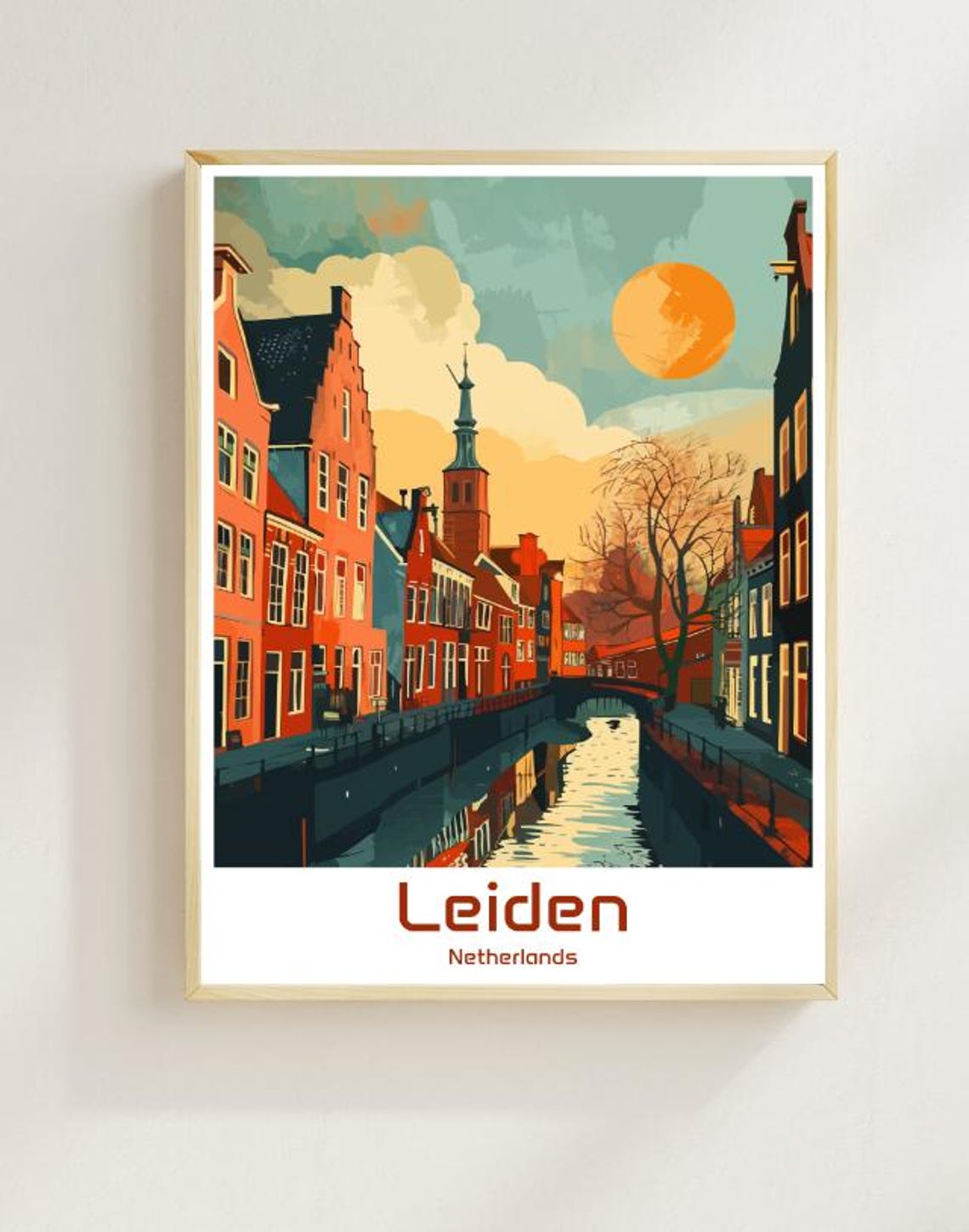 Leiden Netherlands Canal Red Brick Houses Retro Illustration Poster
