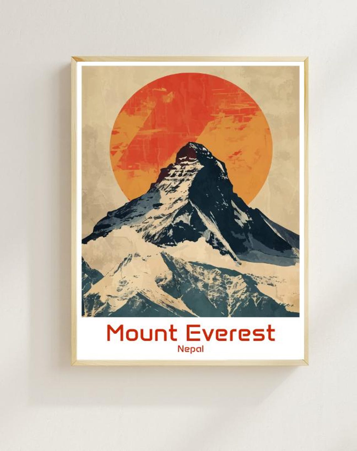 Mount Everest Nepal Snowcapped Peak Under Giant Orange Sun Poster
