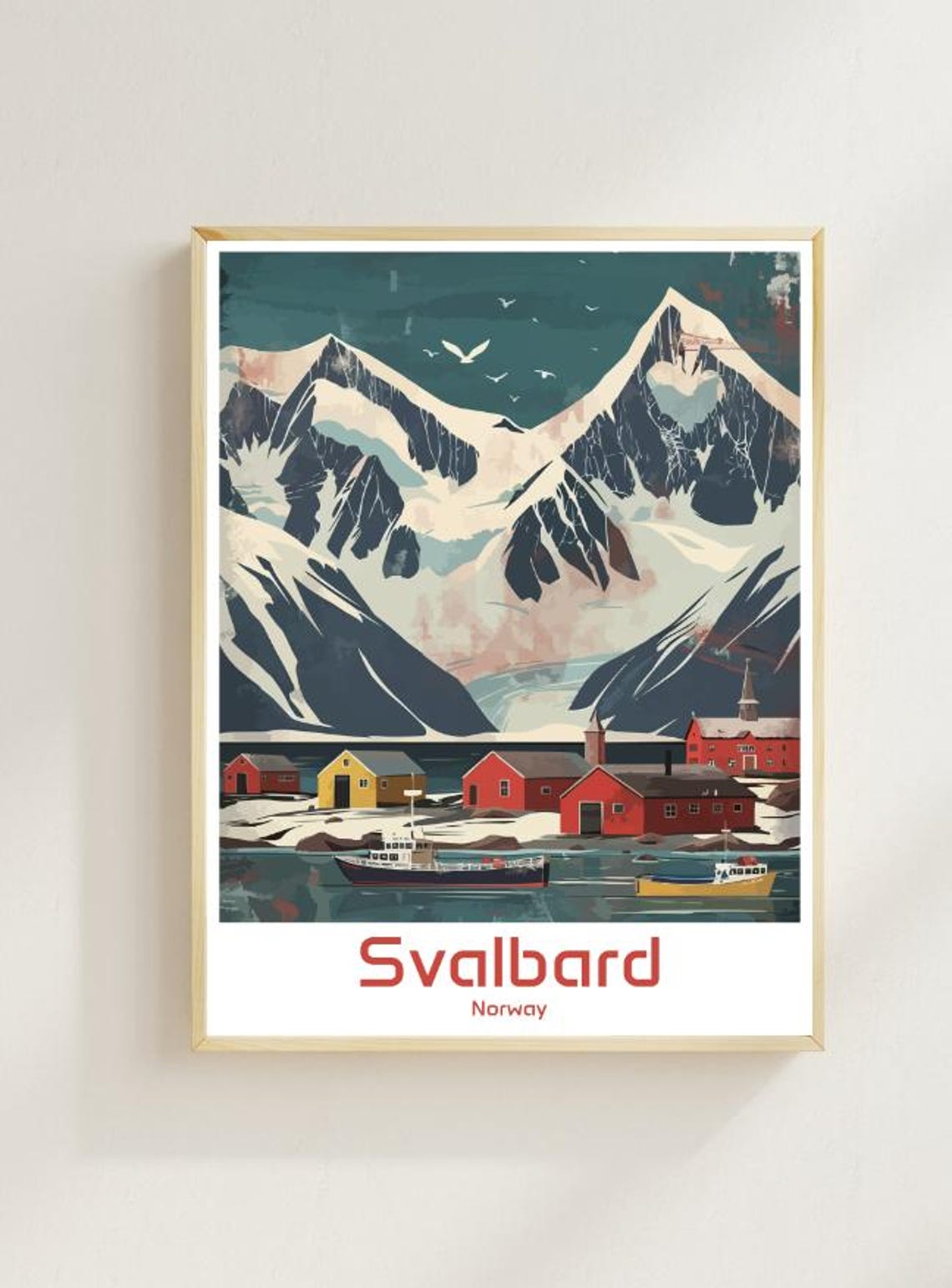 Svalbard Norway Arctic Snowy Peaks Harbor Retro Illustration Poster