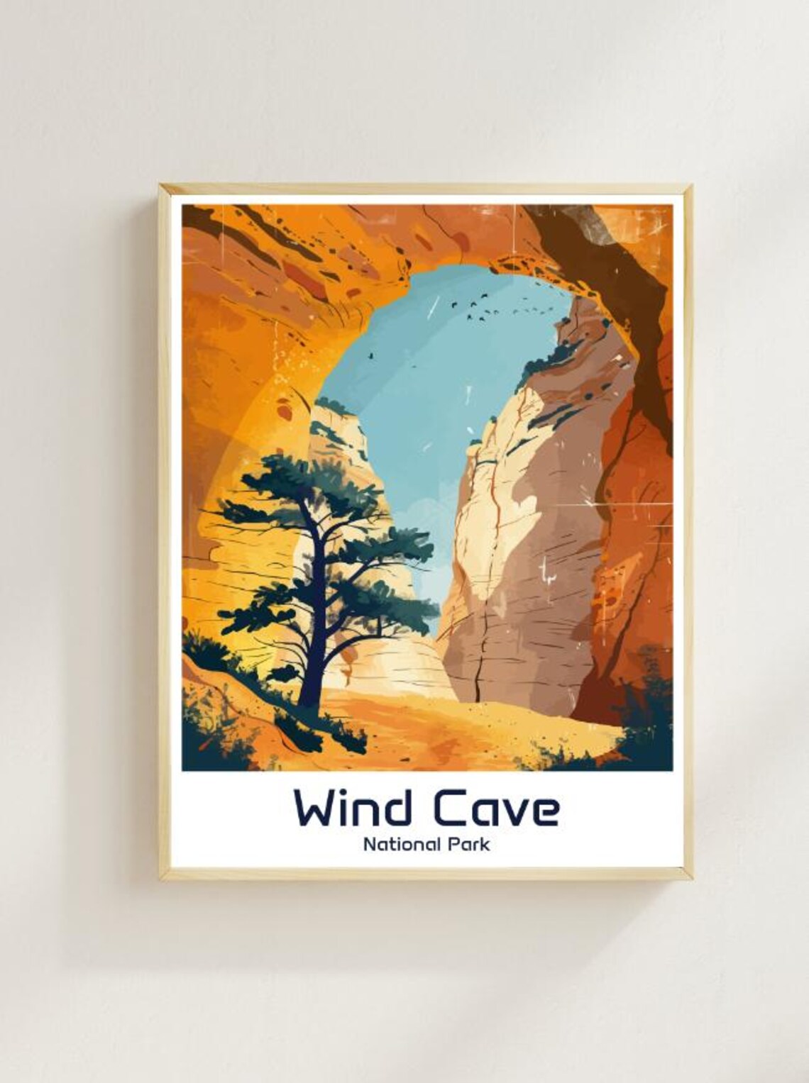Wind Cave National Park Vintage Poster Red Rock Arch Desert Pine Landscape