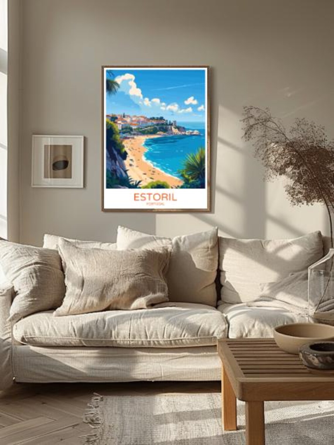 Estoril Portugal Travel Poster Sunlit Beach and Cliffside Old Town - Image 2