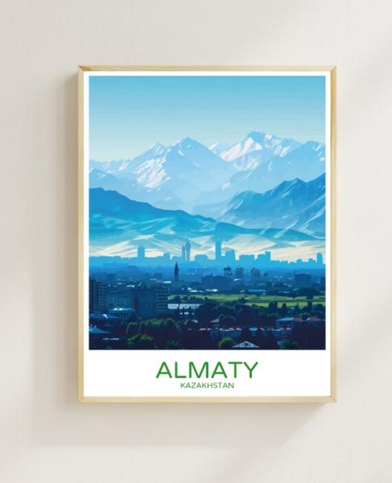 Almaty Kazakhstan Snowy Mountain Tien Shan Cityscape Travel Poster