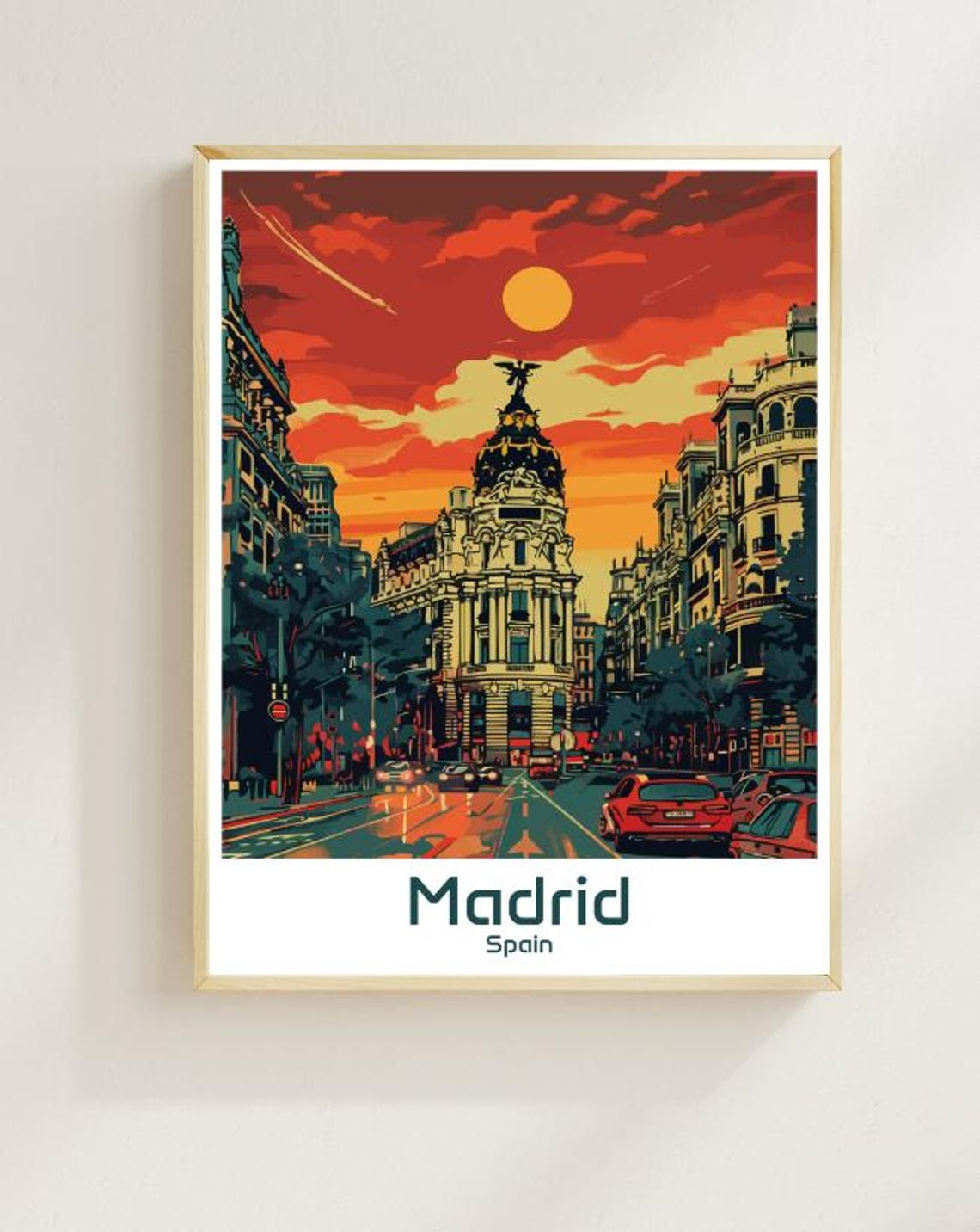 Madrid Metropolis Building At Sunset Spain Vintage Travel Poster