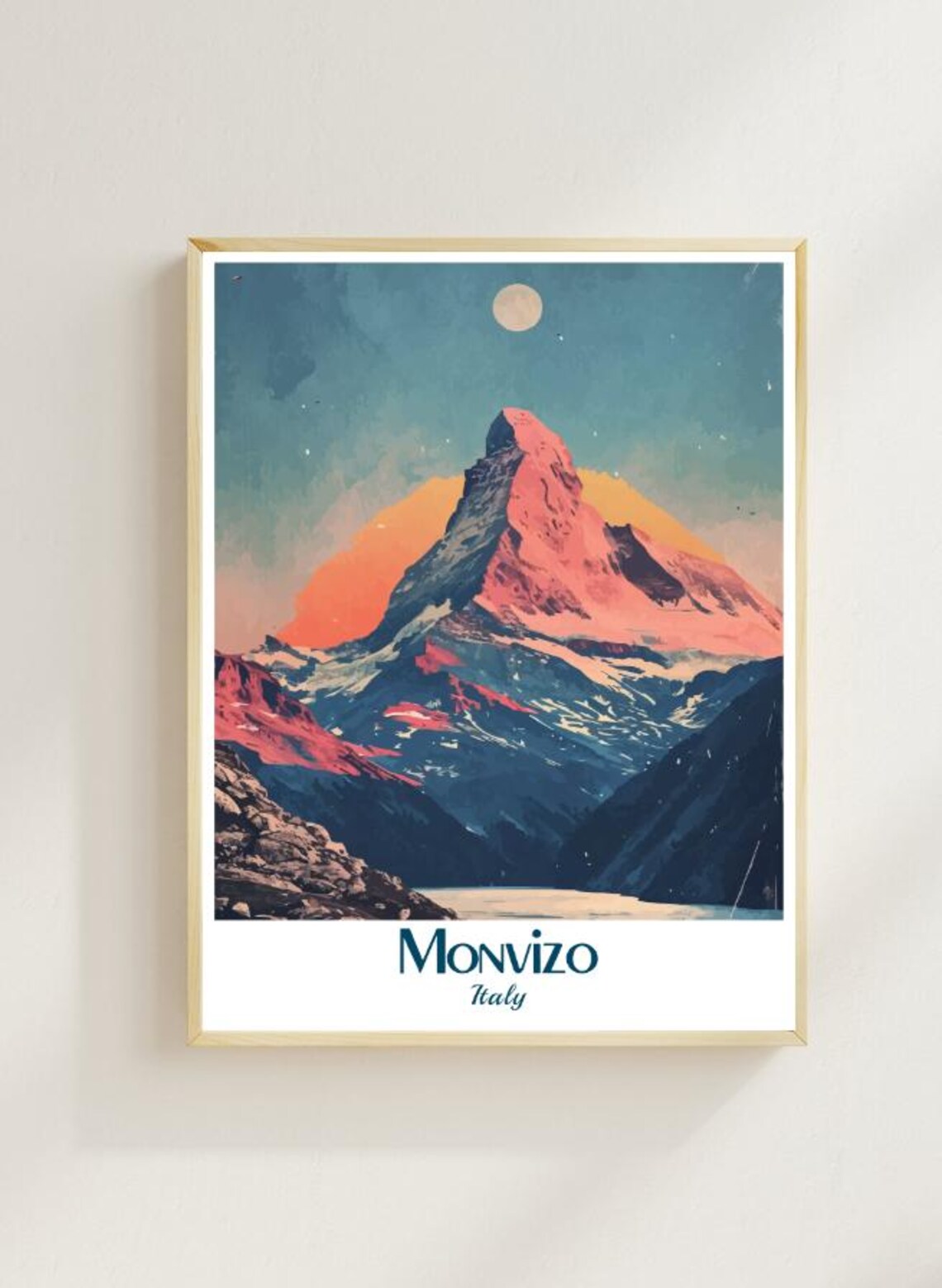 Monvizo Italy Alpine Peak Sunset Moonrise Vintage Travel Poster