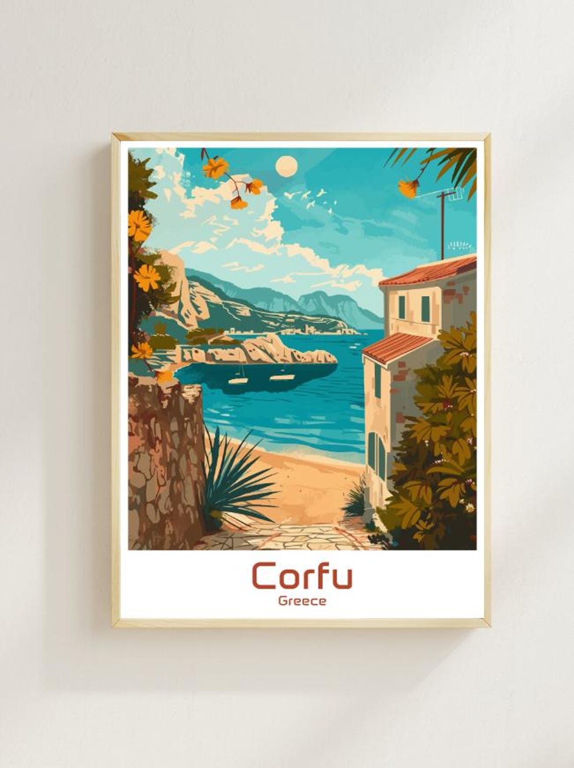 Corfu Greece Cliffside Bay Turquoise Waters Travel Art Poster