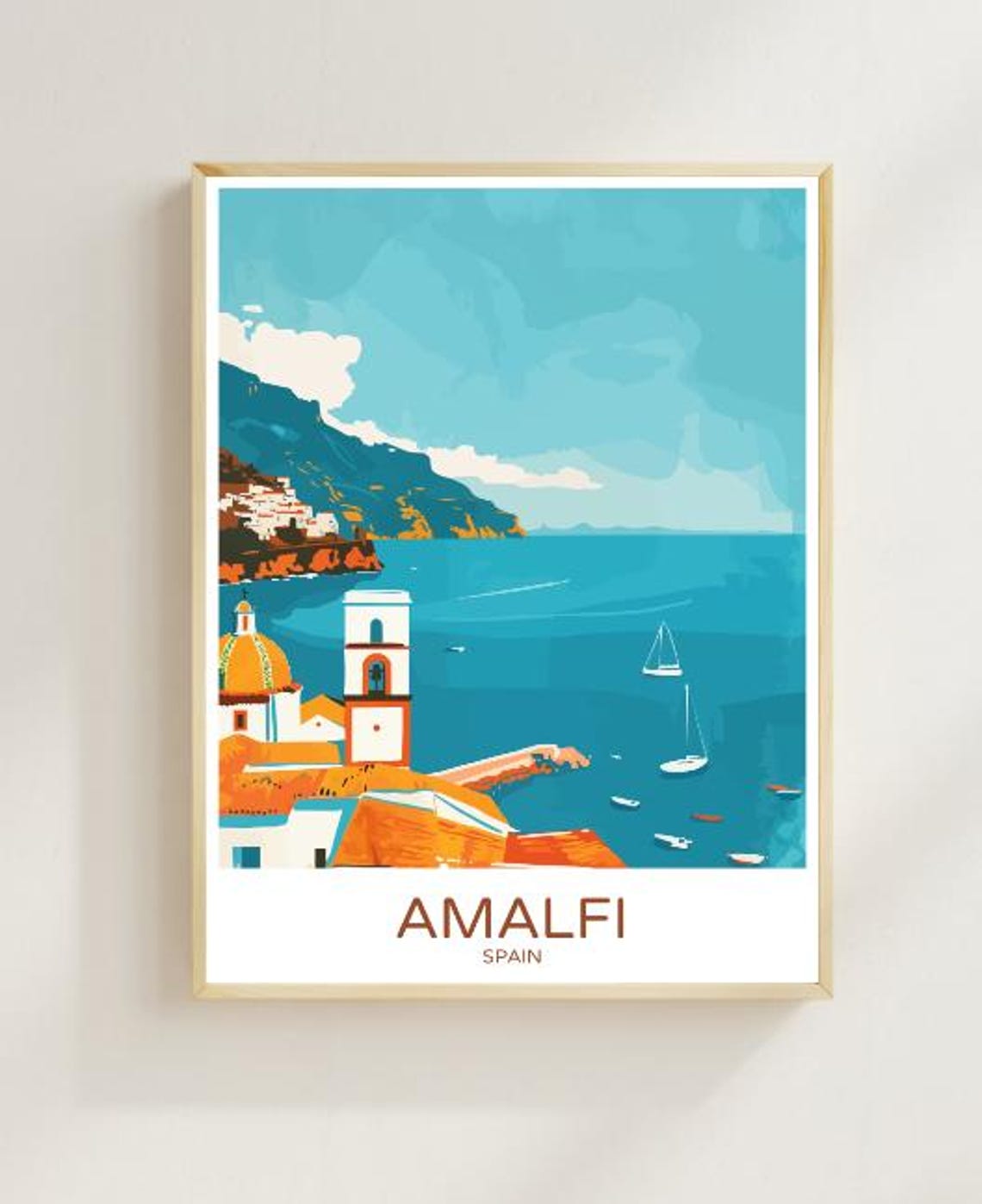 Amalfi Spain Vintage Coastal Mediterranean Seaside Travel Poster