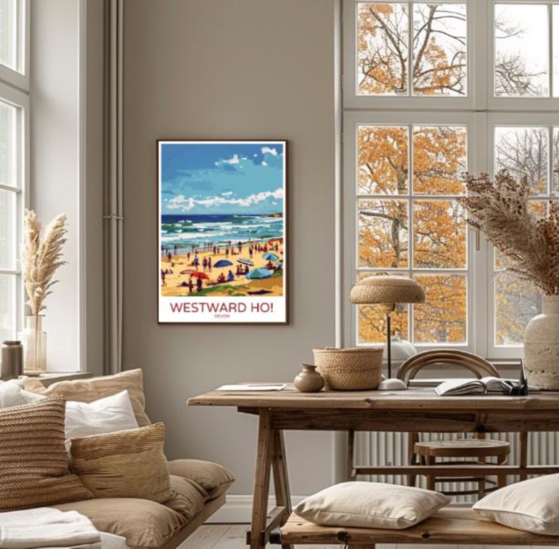 Westward Ho Devon Busy Beach Day Parasols and Swimmers Travel Poster - Image 3