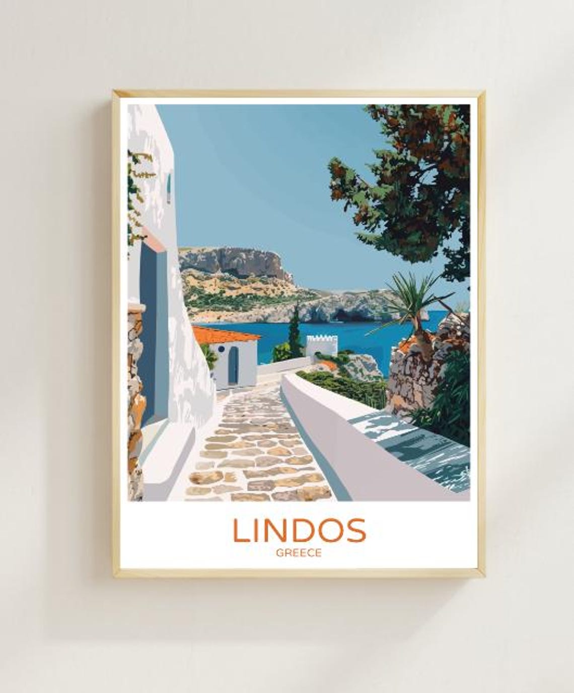 Lindos Greece Whitewashed Old Town Bay Vintage Travel Poster