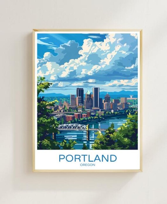 Portland Oregon Skyline With River Bridge And Cityscape Travel Poster