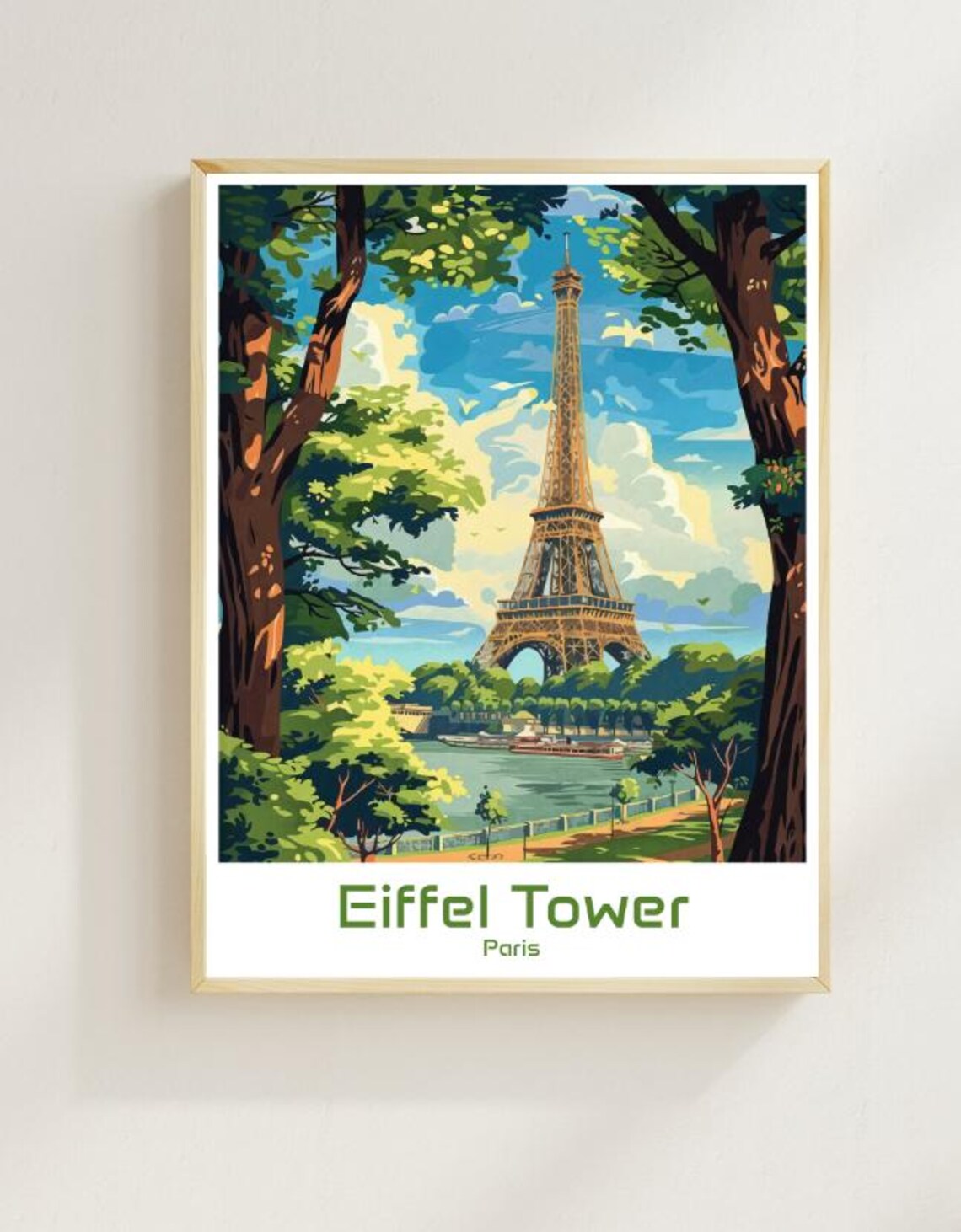 Eiffel Tower Paris France Vintage Travel Poster Cityscape Illustration