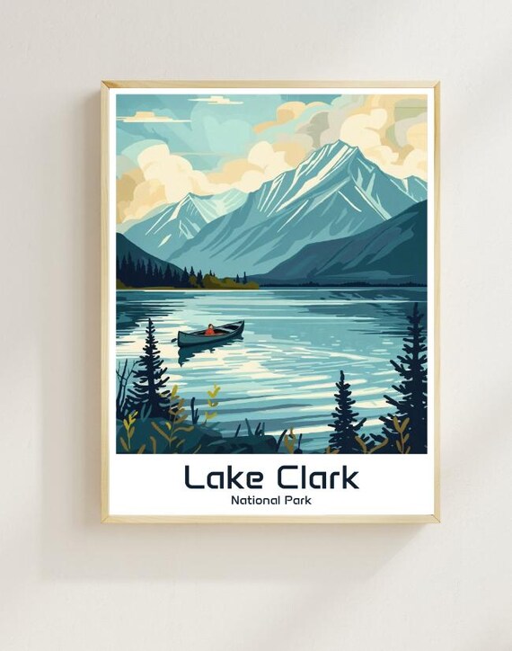 Lake Clark National Park Vintage Poster Canoe on Alpine Lake Mountain Scene