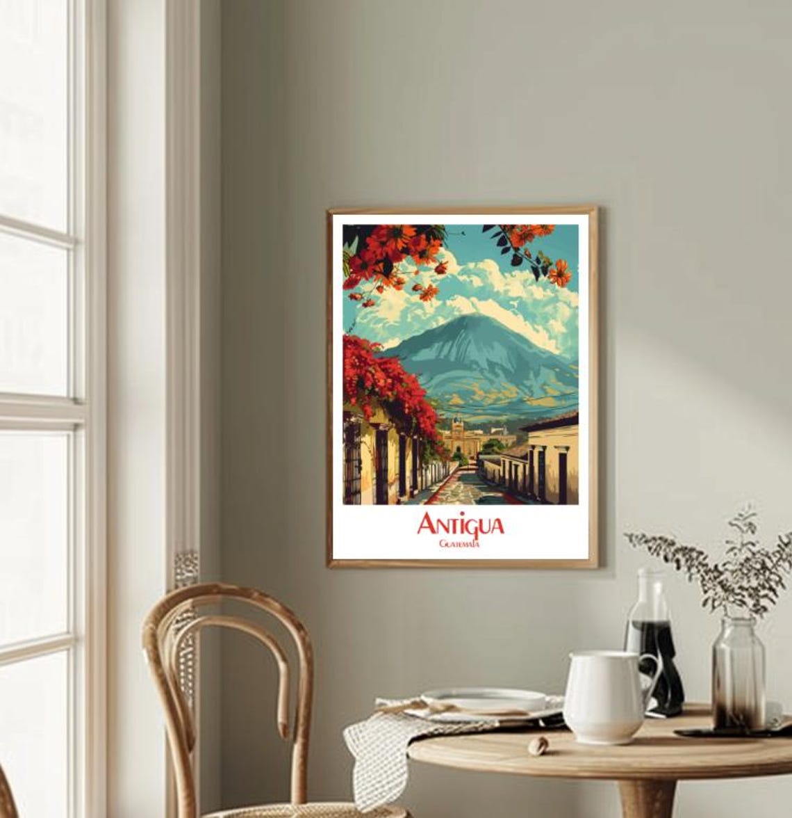Antigua Guatemala Colonial Street Volcano Bougainvillea Poster - Image 2