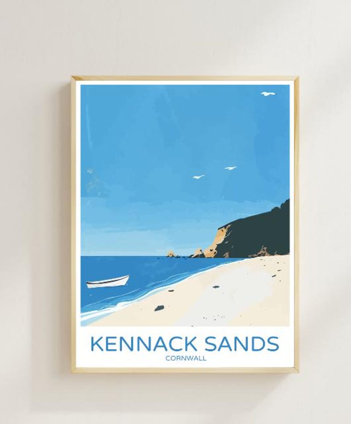 Kennack Sands Cornwall Quiet Beach Boat Cliffs Retro Travel Poster
