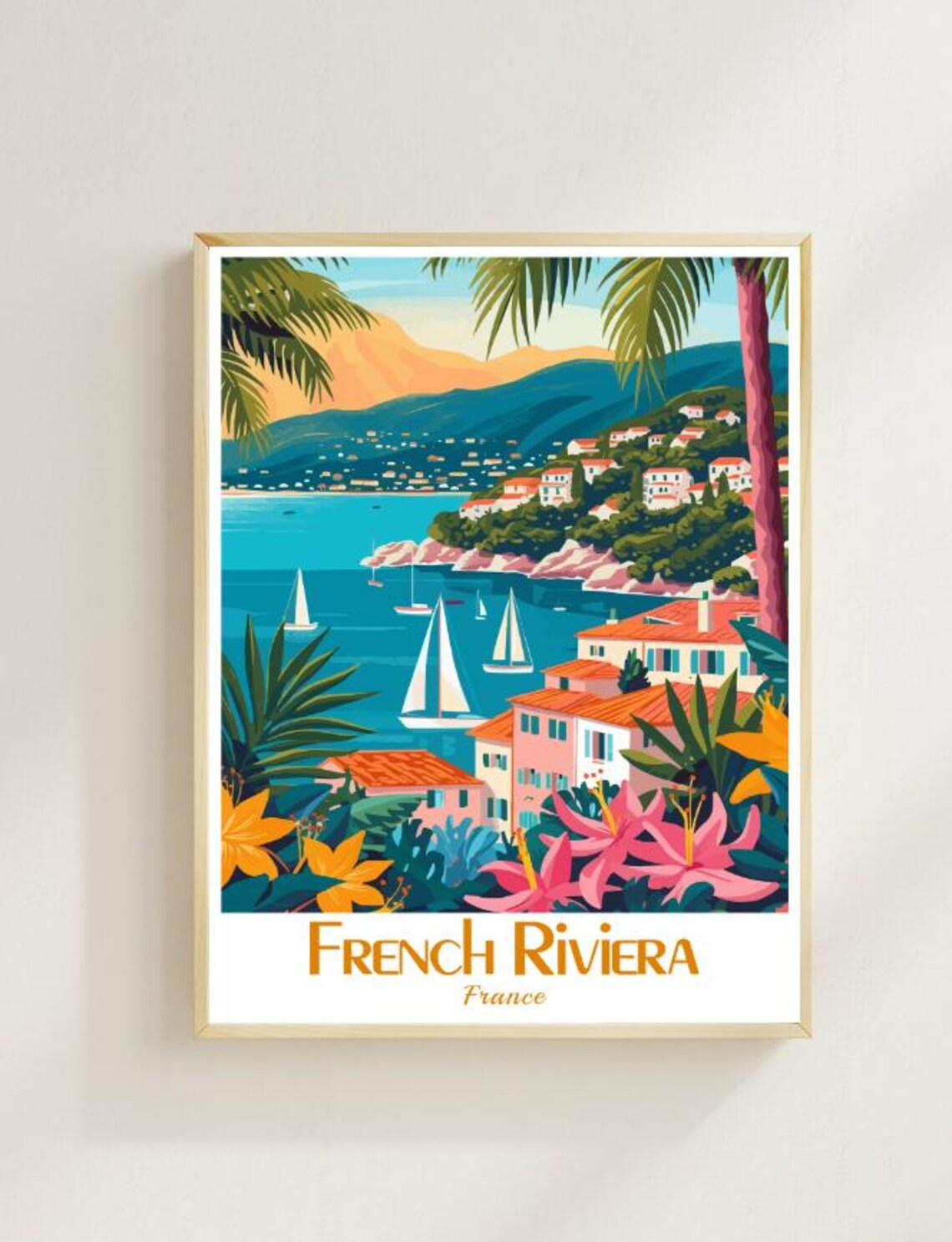 French Riviera France Mediterranean Sailboats Palm Coast Travel Poster