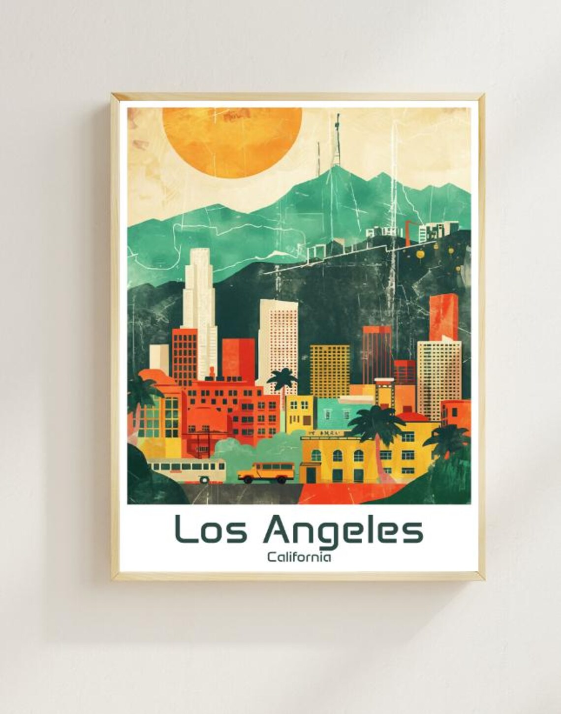 Los Angeles Downtown Skyline Hollywood Hills California Travel Poster