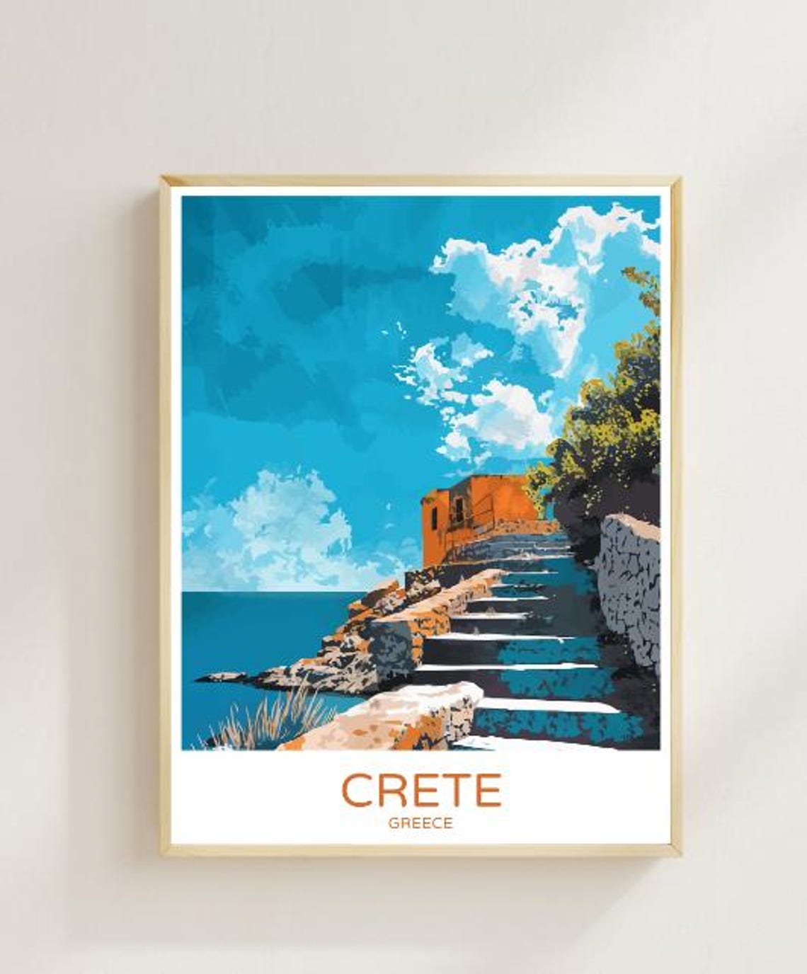 Crete Greece Coastal Stone Steps Sea Villa Travel Art Poster
