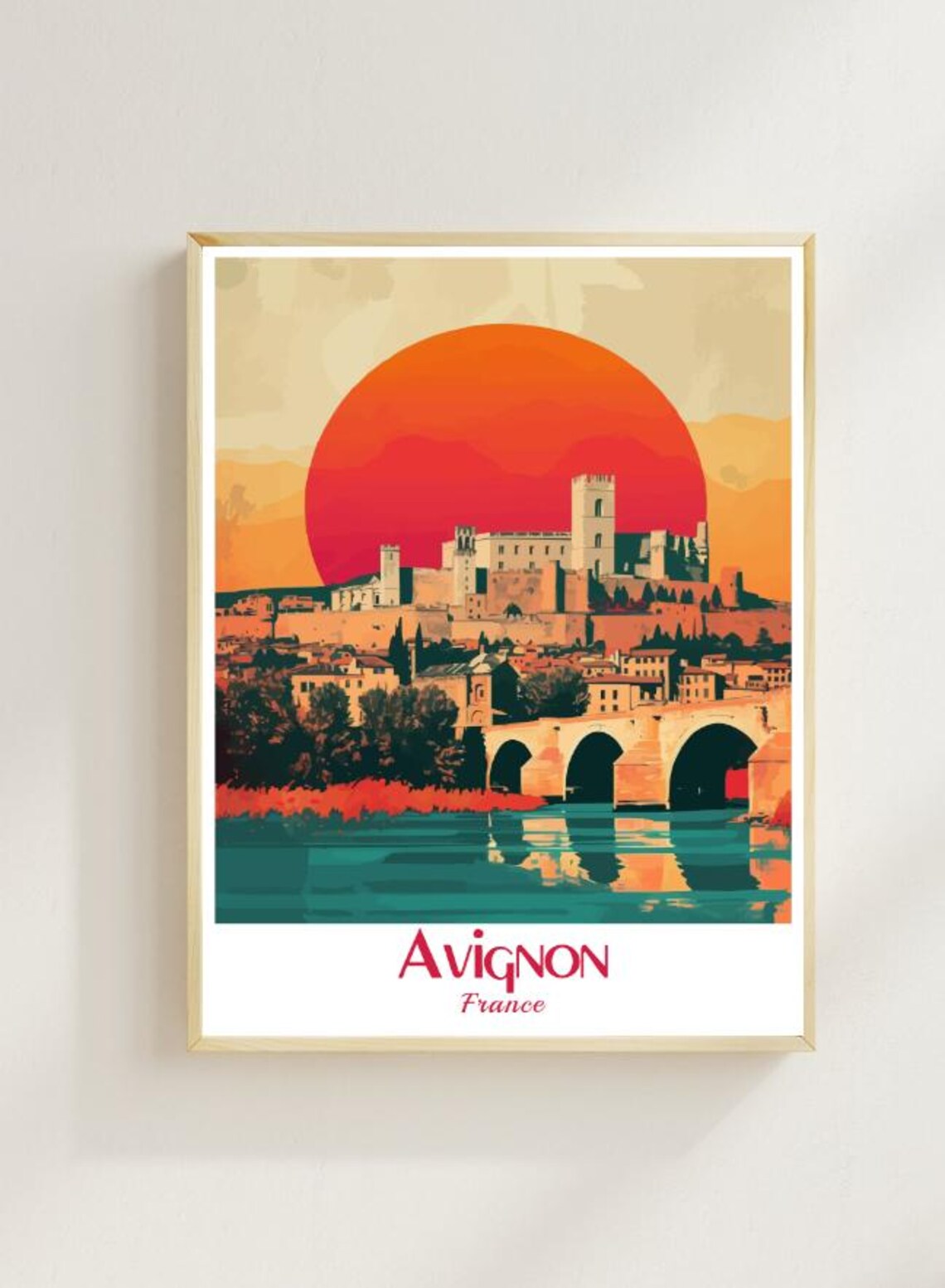 Avignon Palace Bridge Sunset Rhone River France Travel Poster