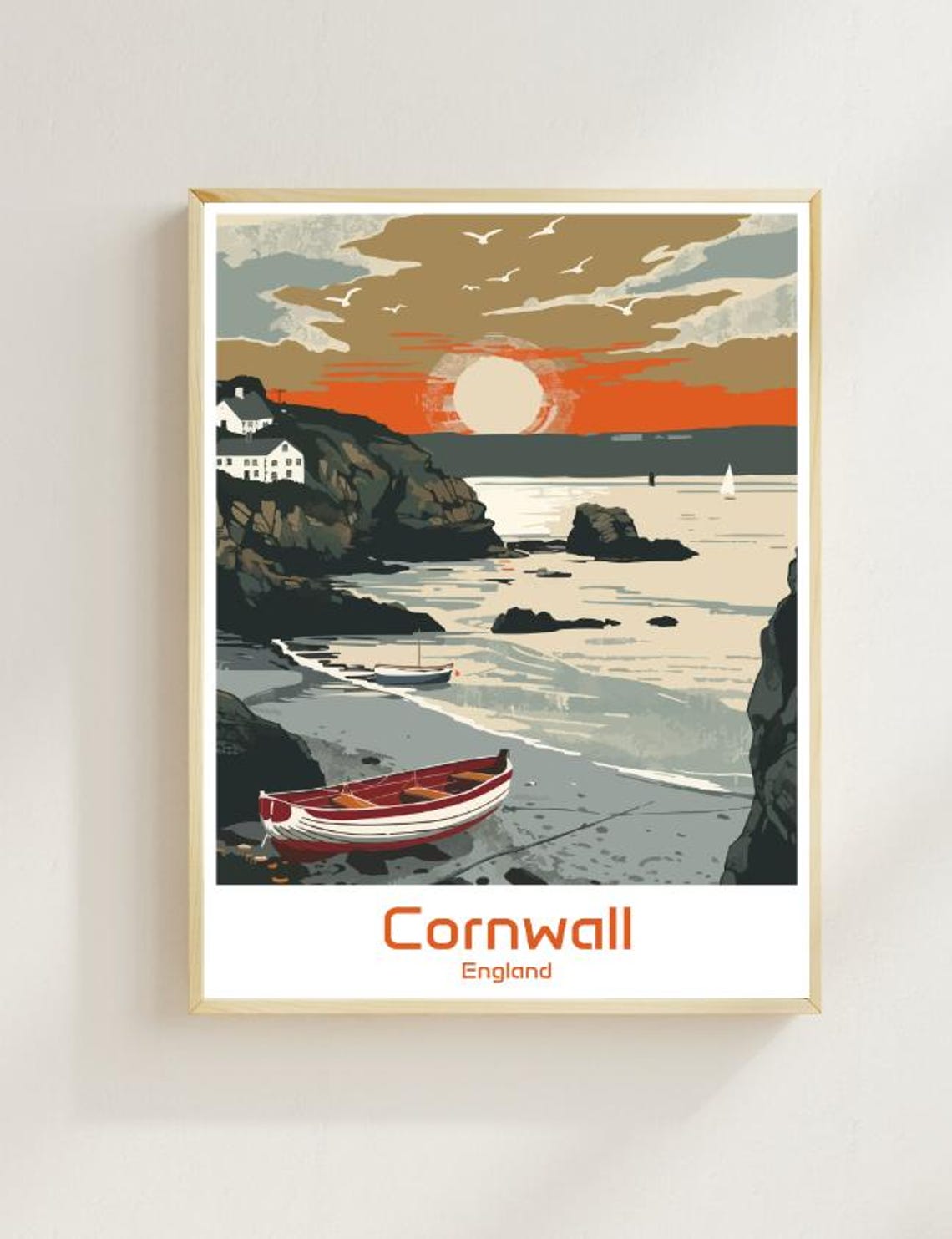 Cornwall England Sunset Rocky Cove Rowboat Coastal Travel Poster