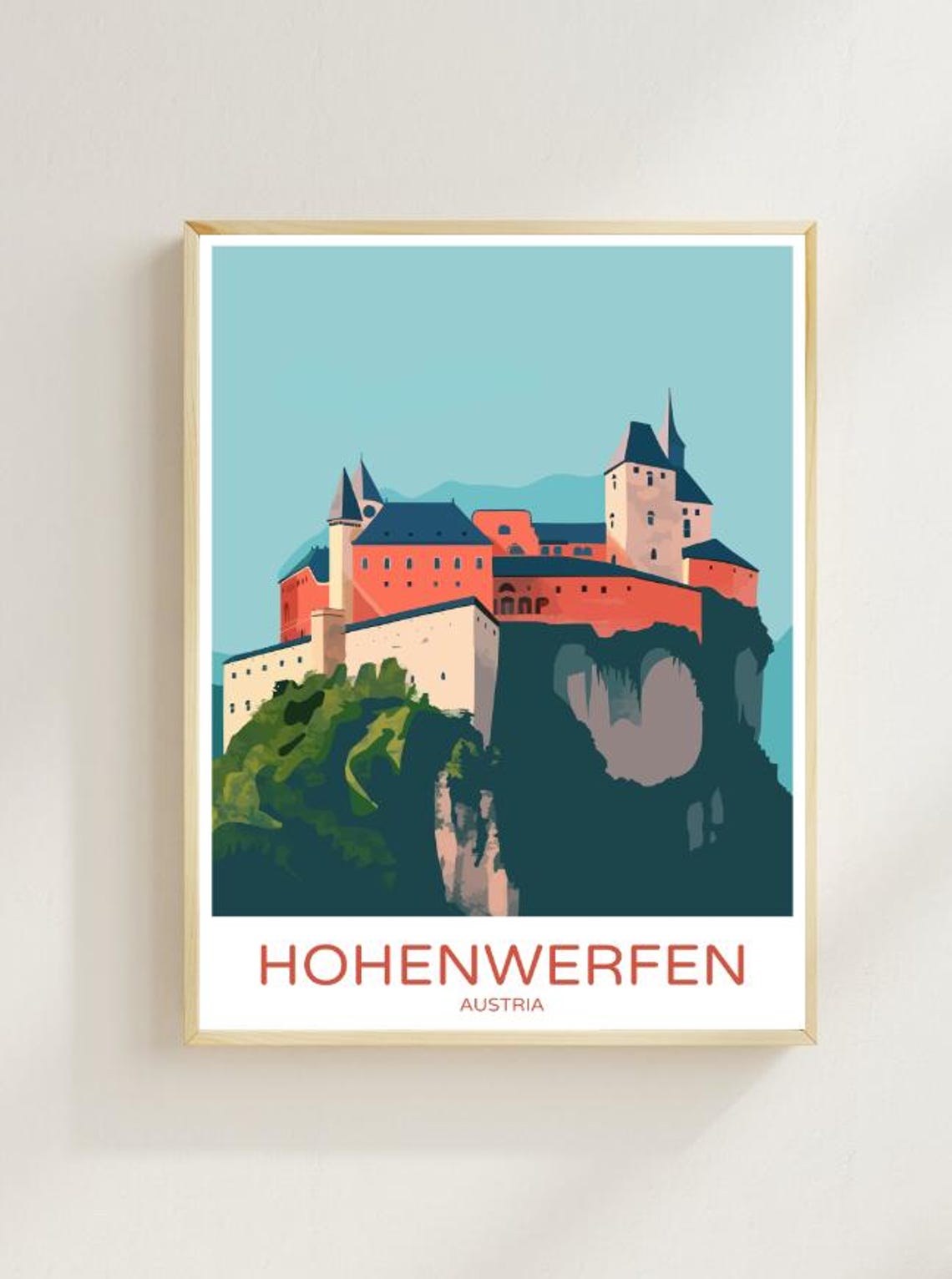 Hohenwerfen Austria Travel Poster Medieval Fortress Cliffside View Art