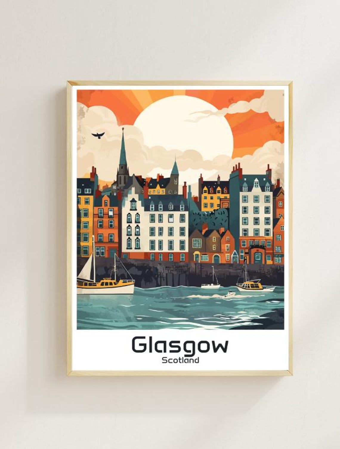 Glasgow Scotland Harbor Sunset Illustrated Waterfront Travel Poster