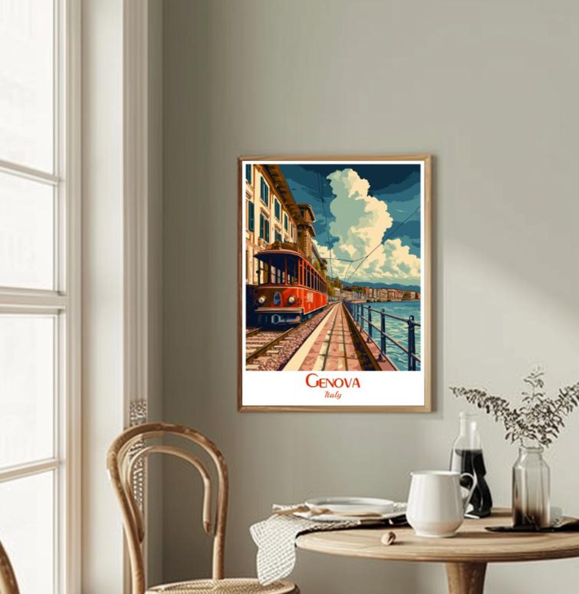 Genova Italy Vintage Red Tram Waterfront Harbor Travel Poster - Image 3