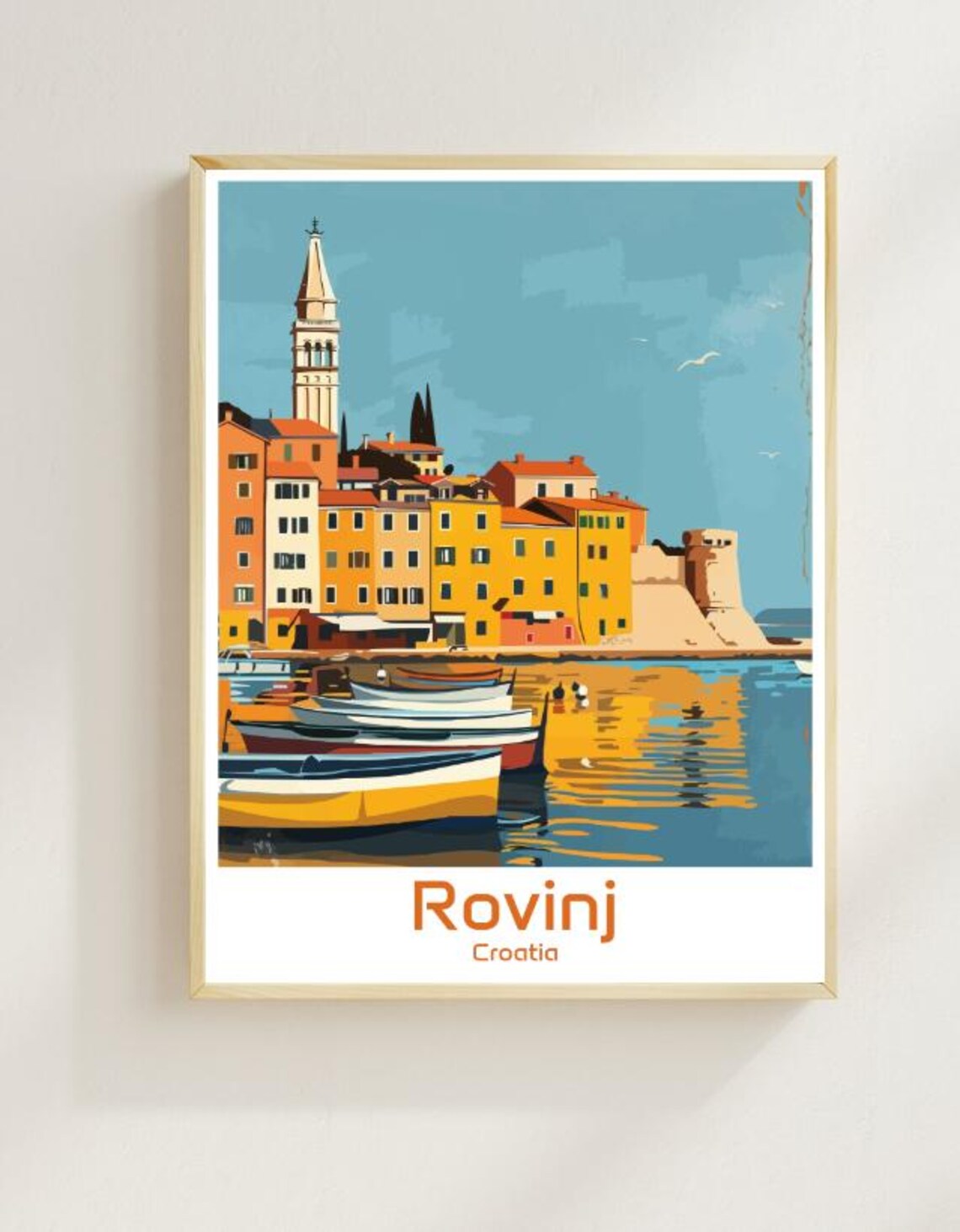 Rovinj Croatia Harbor Boats Old Town Sunset Illustrated Poster