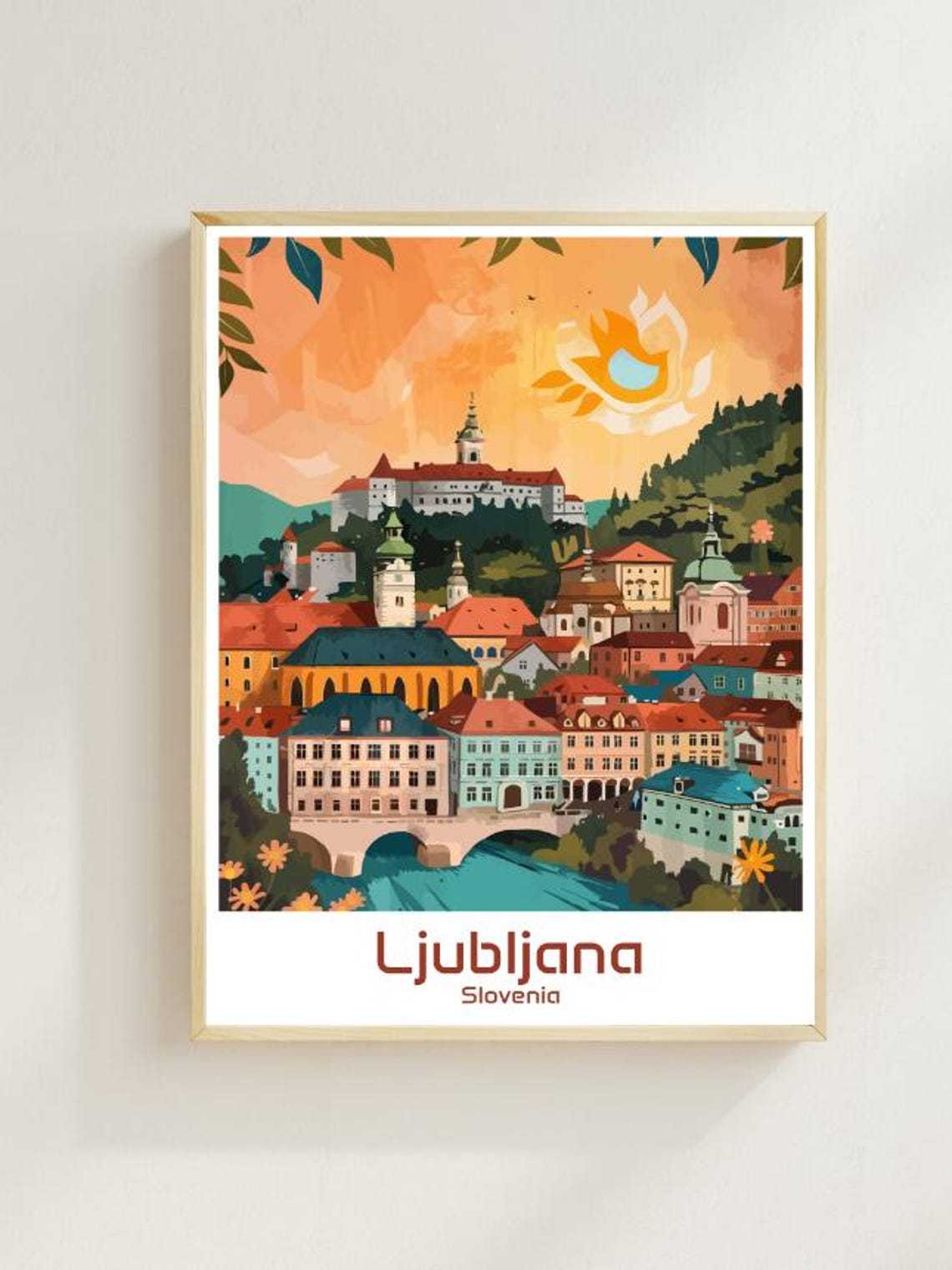 Ljubljana Slovenia Old Town Castle River Sunset Illustrated Poster