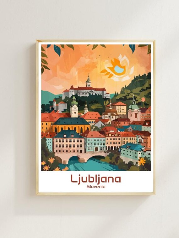Ljubljana Slovenia Old Town Castle River Sunset Illustrated Poster