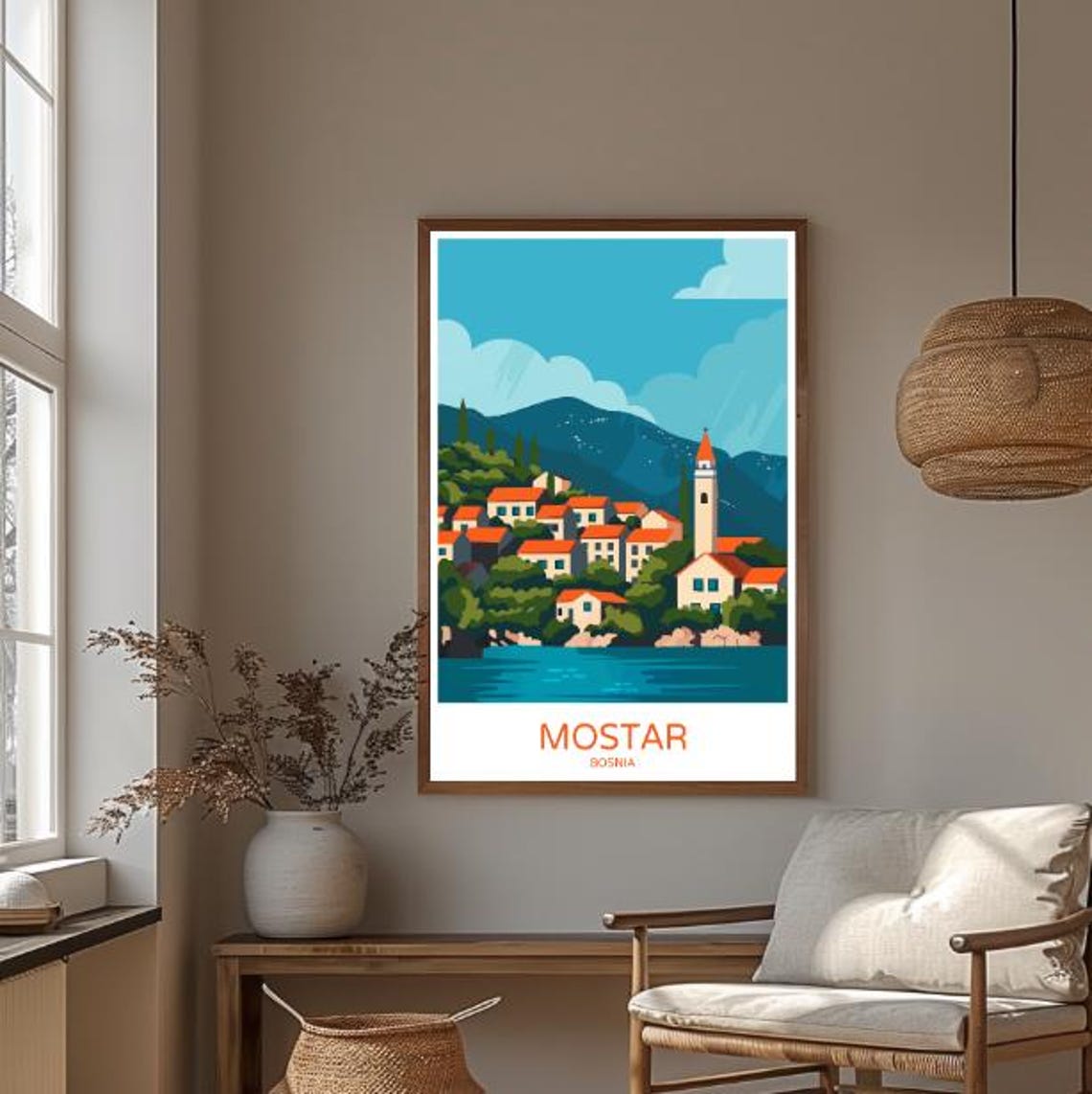Mostar Bosnia Mountain Riverside Village Bell Tower Travel Poster - Image 3