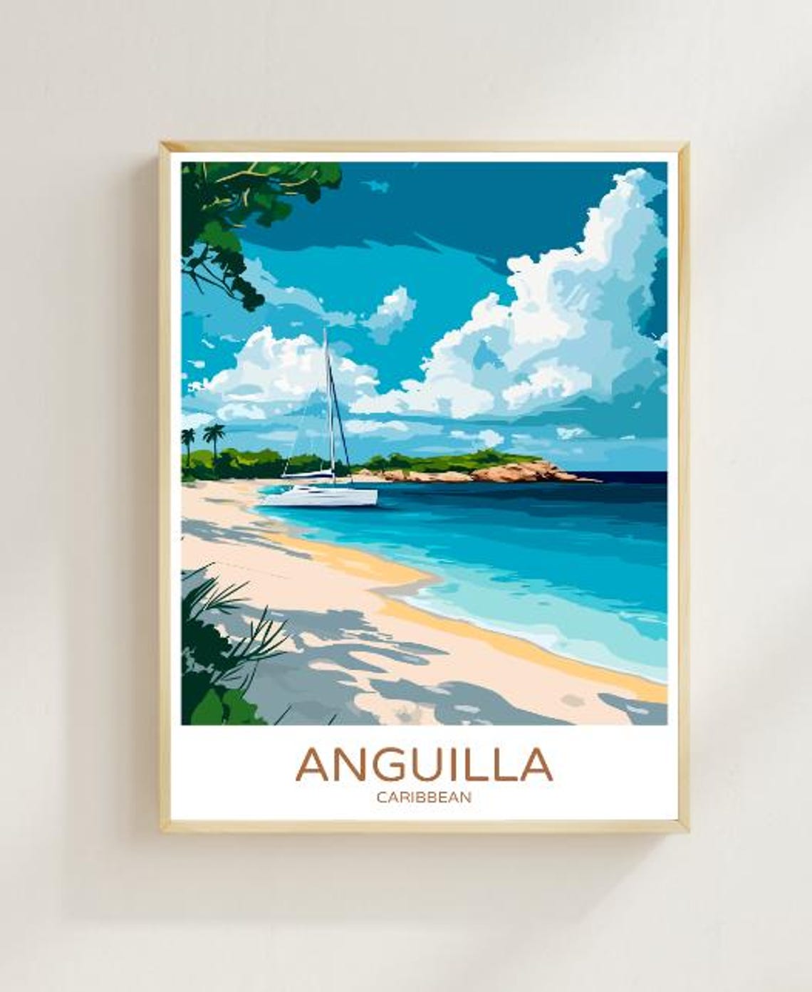 Anguilla Caribbean Sailboat Turquoise Beach Vintage Travel Poster