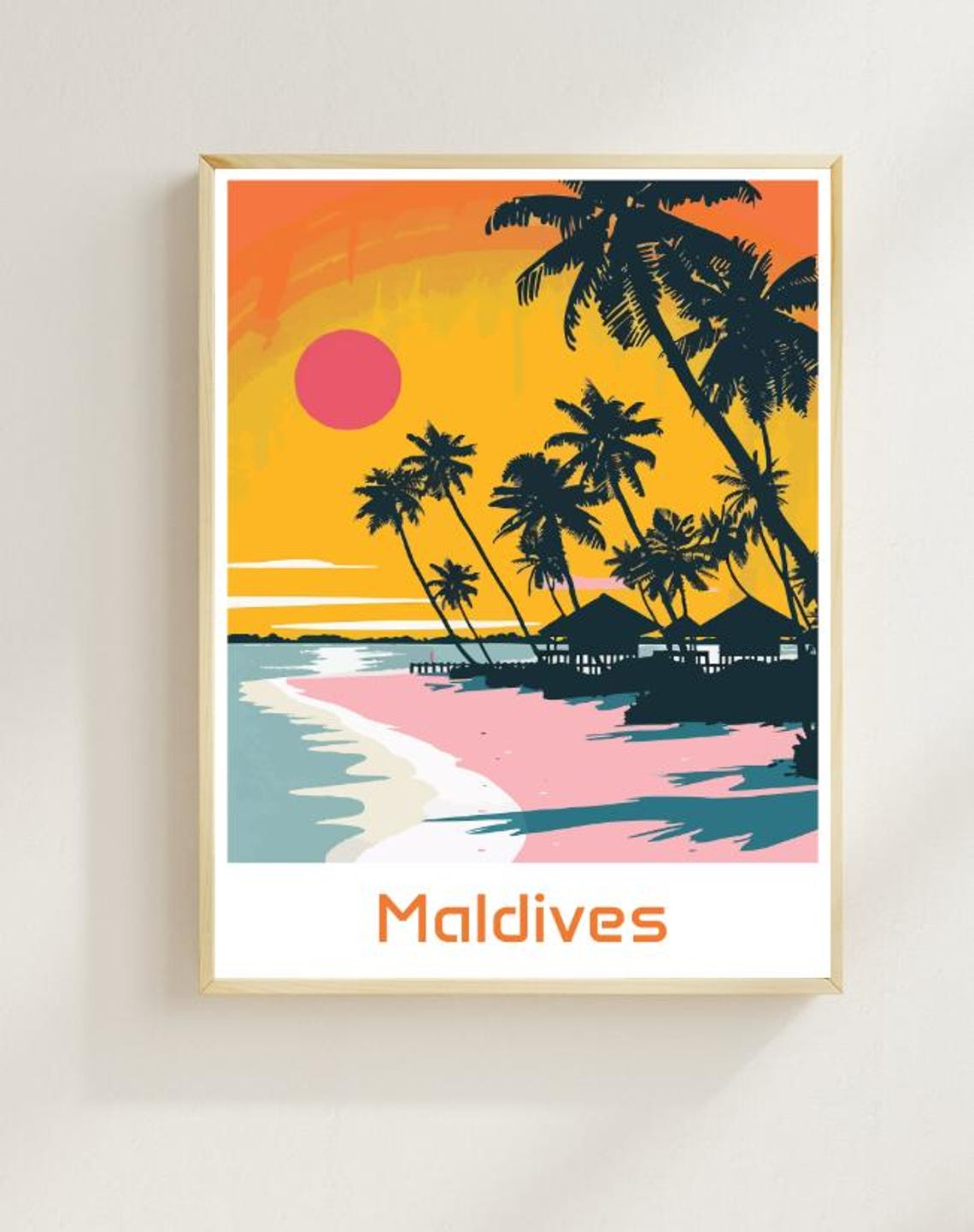 Maldives Sunset Beach Palms Overwater Villas Tropical Travel Poster