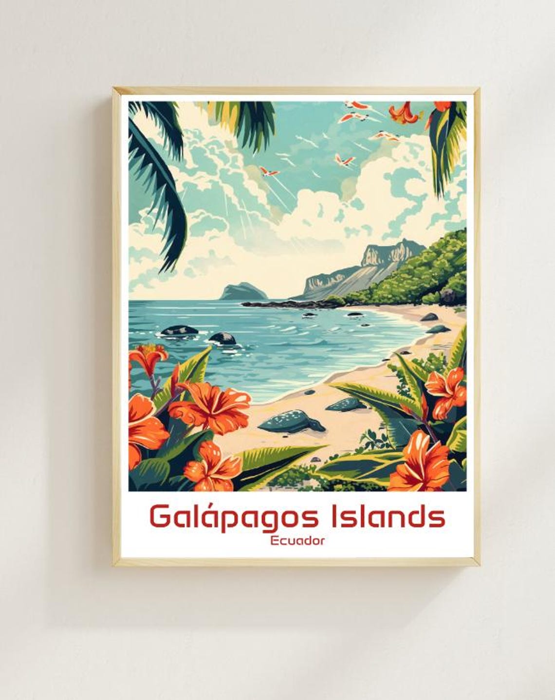 Galapagos Islands Beach Hibiscus Wildlife Ecuador Travel Poster
