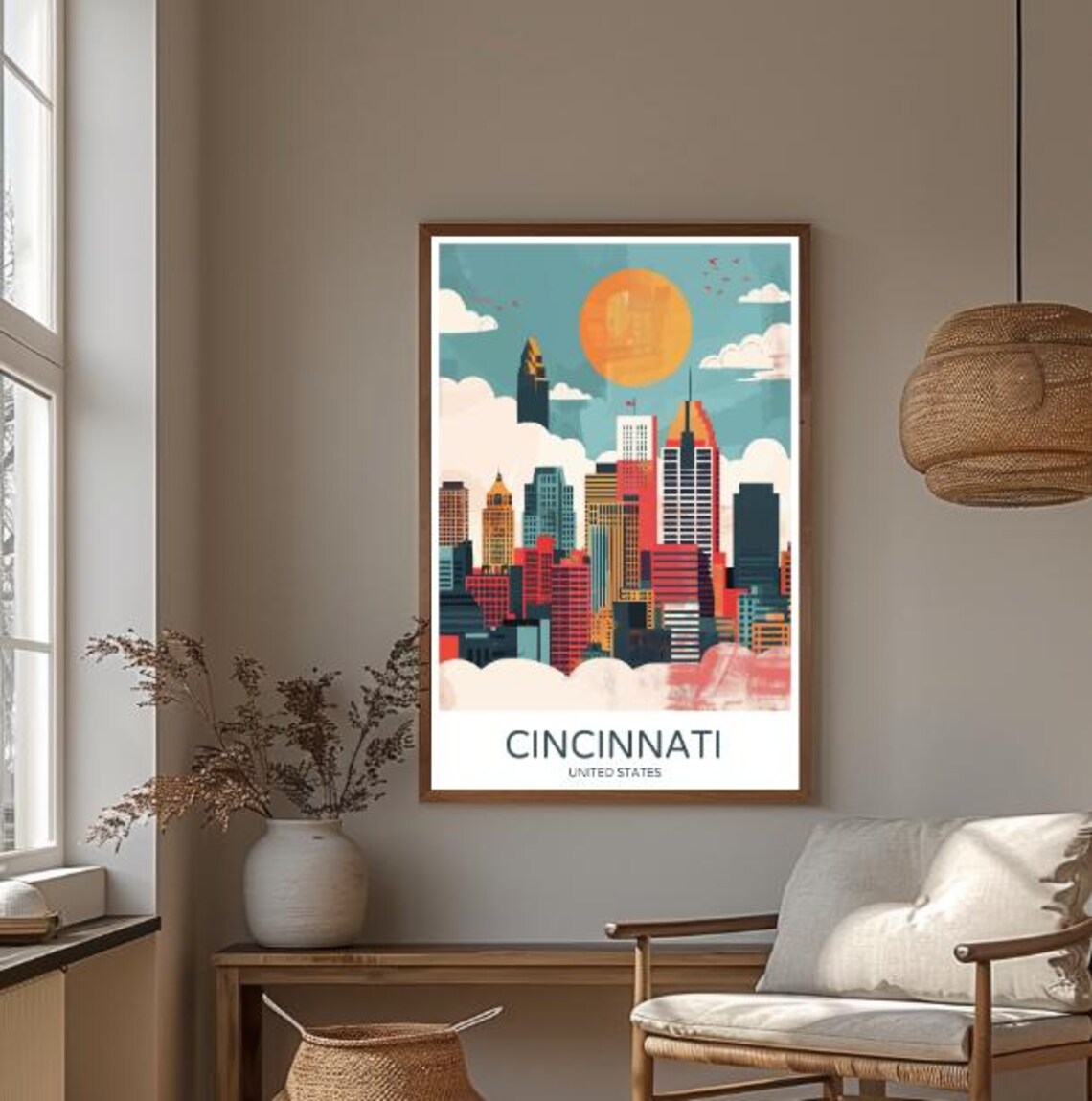 Cincinnati United States Colorful Downtown Skyline Retro Travel Poster - Image 3
