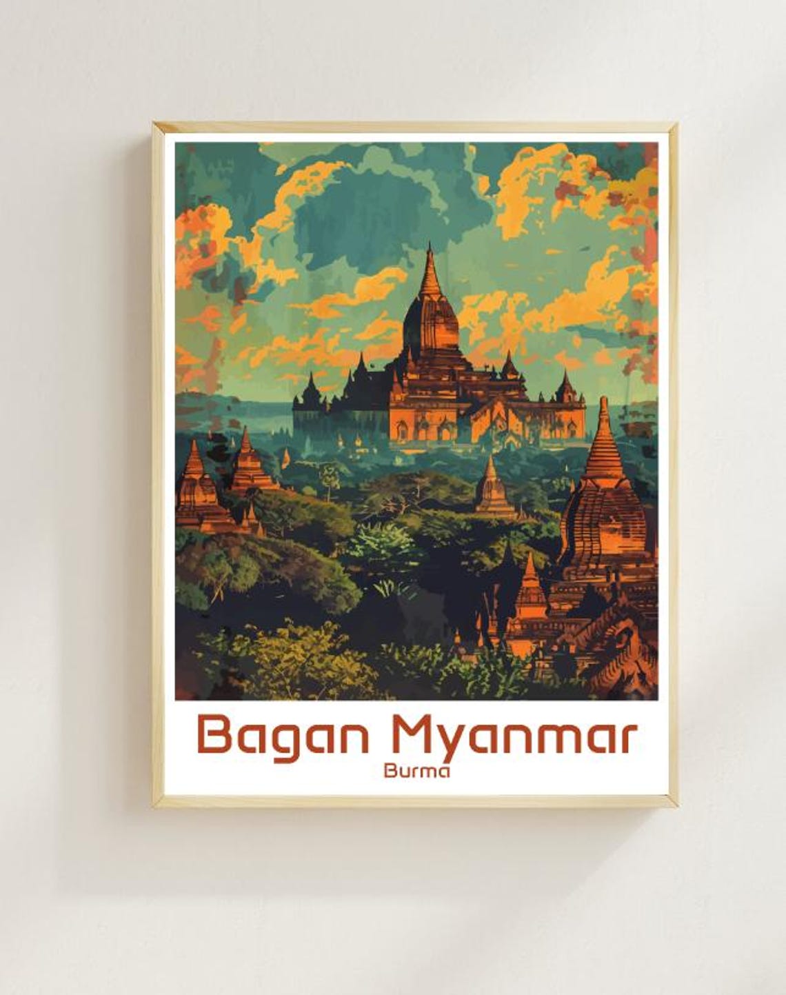 Bagan Myanmar Ancient Temple Stupas Golden Sunset Skyline Poster