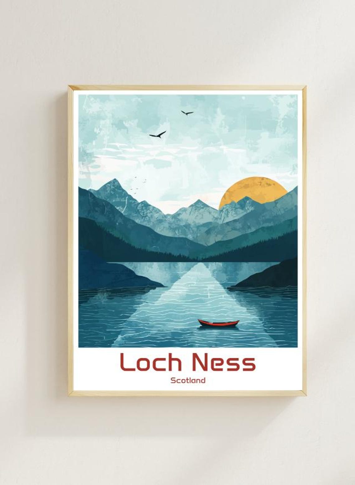 Loch Ness Scotland Serene Lake Golden Sun Illustration Poster