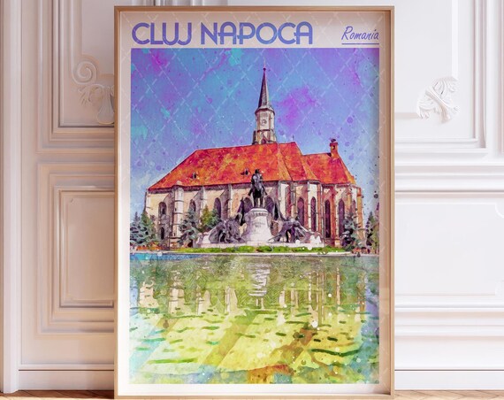 Cluj Napoca Romania Church Waterfront Reflection Watercolor Travel Poster