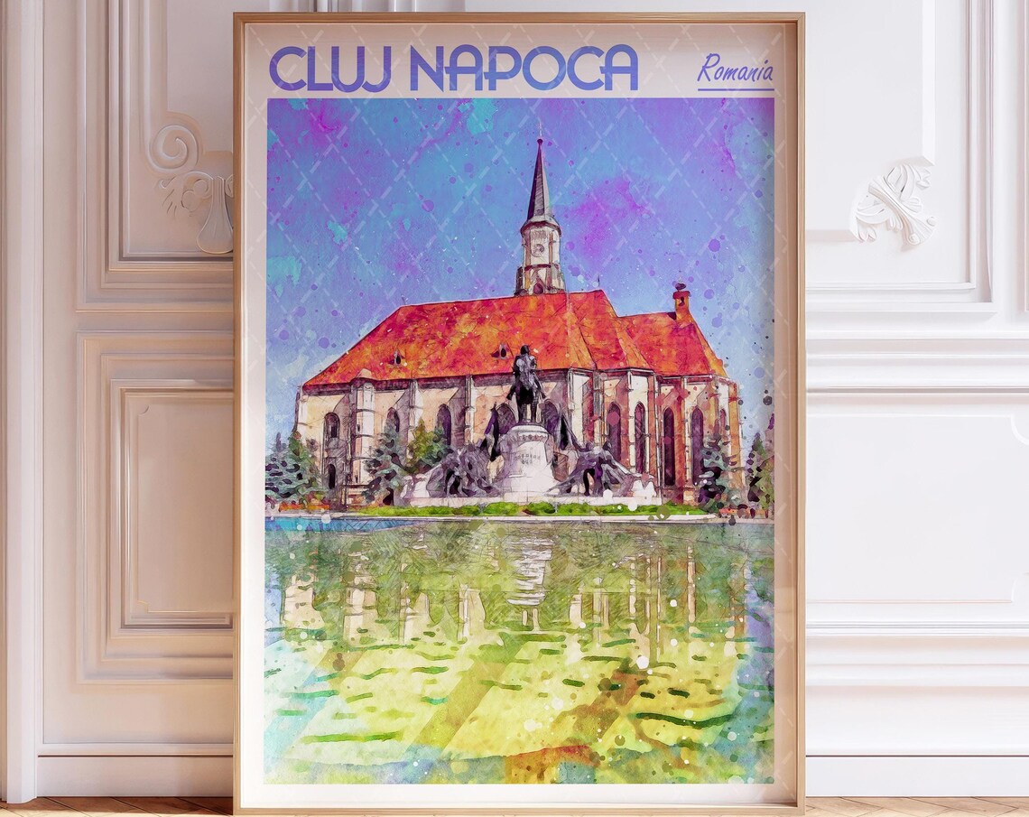 Cluj Napoca Romania Church Waterfront Reflection Watercolor Travel Poster
