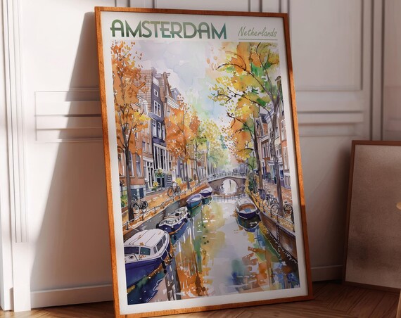 Amsterdam Netherlands Autumn Canal Boats Watercolor Travel Poster
