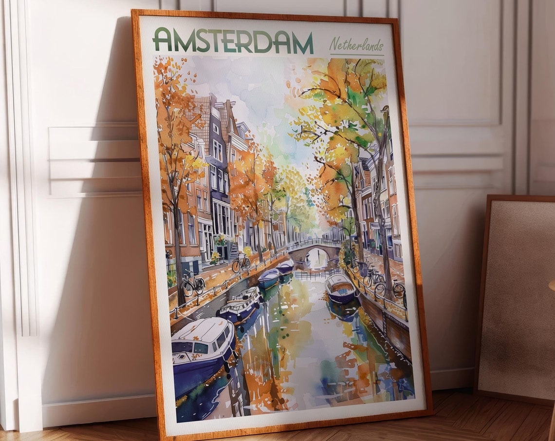 Amsterdam Netherlands Autumn Canal Boats Watercolor Travel Poster