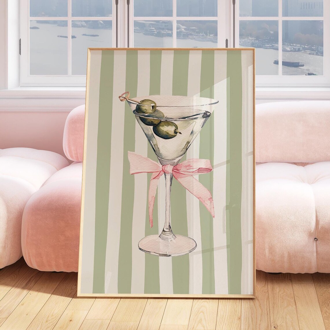 Martini Glass Olive Pink Bow on Green Stripes Bar Art Poster