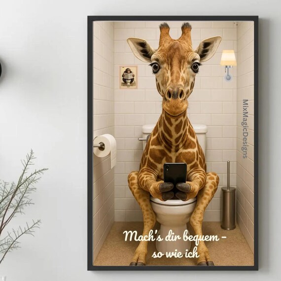 Funny Giraffe on Toilet Poster Make Yourself Comfortable Bathroom