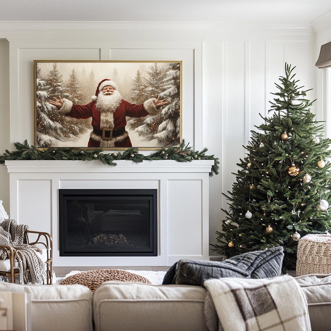 Santa Claus Frame Tv Art Neutral Holiday Oil Painting Festive Decor Christmas Trees With Lights Vintage Style Tv Art Tv397 - Image 3