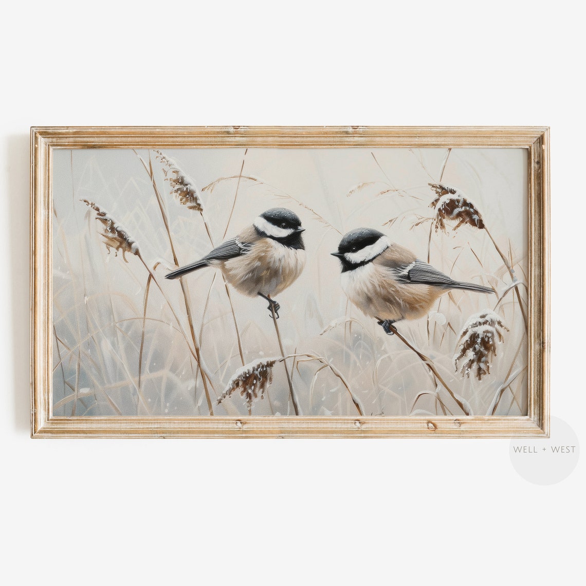 Winter Birds Tv Art Vintage Style Chickadee Birds Painting Snowy Landscape Art Christmas Holiday Tv Art Neutral Beige Decor Tv070