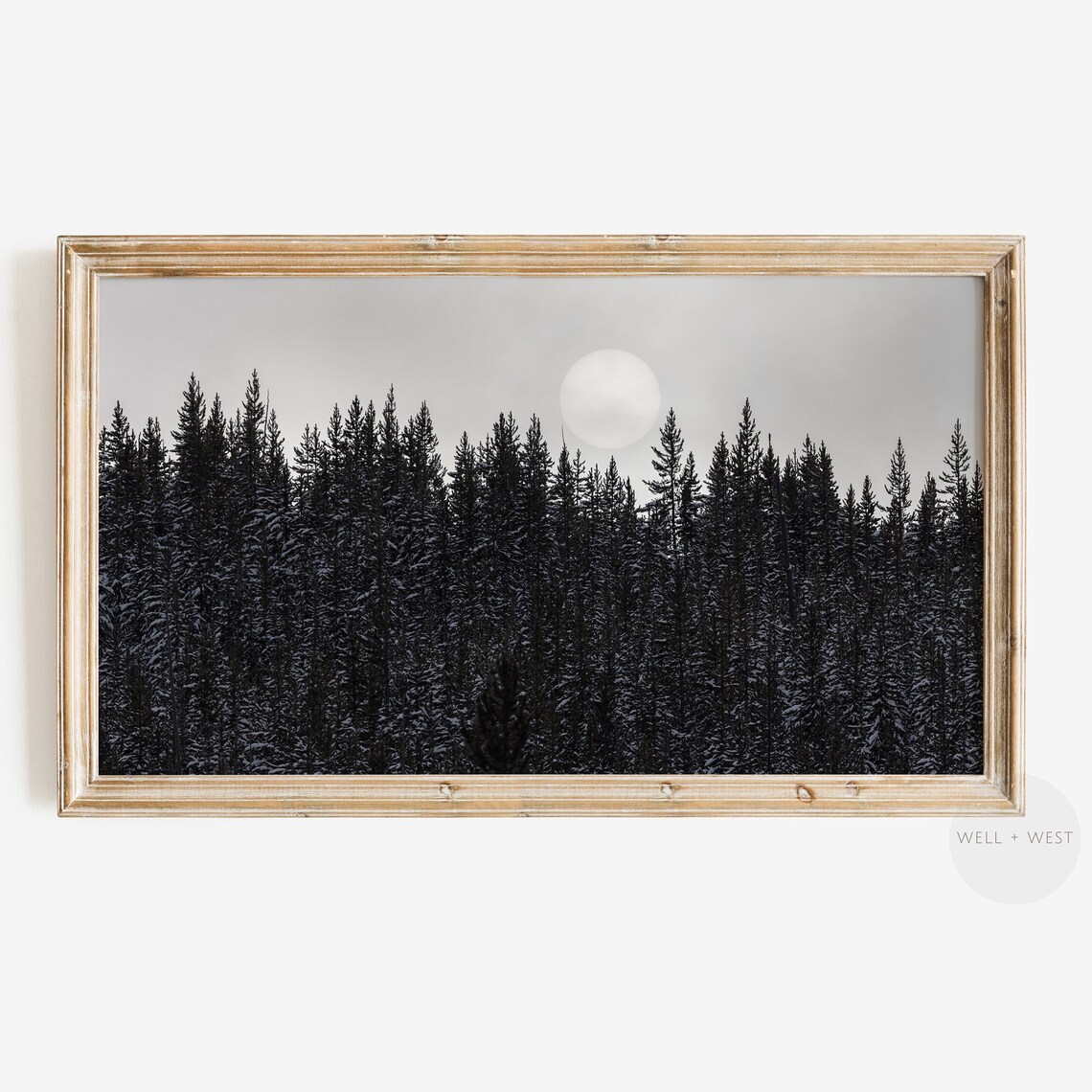 Winter Forest Full Moon Black and White Nature Photography Framed Wall Poster