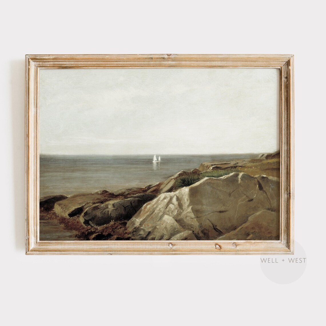 Rocky Coast with a Lone Sailboat Vintage Seascape Oil Painting Wall Poster