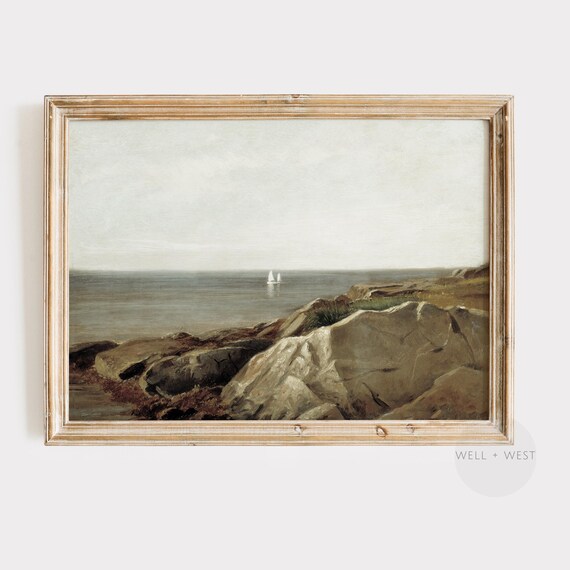 Rocky Coast with a Lone Sailboat Vintage Seascape Oil Painting Wall Poster
