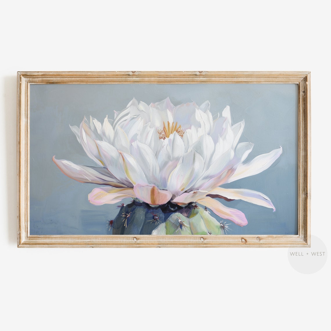 White Cactus Flower Bloom Blue Botanical Desert Vintage Art Poster