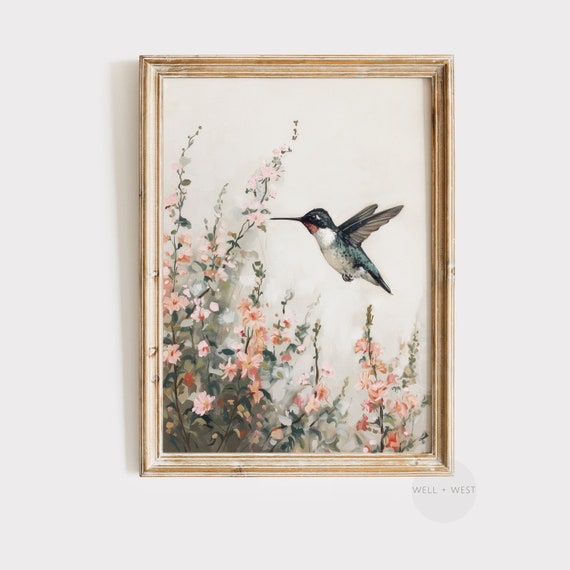 Hummingbird Vintage Floral Art Print, Cottagecore