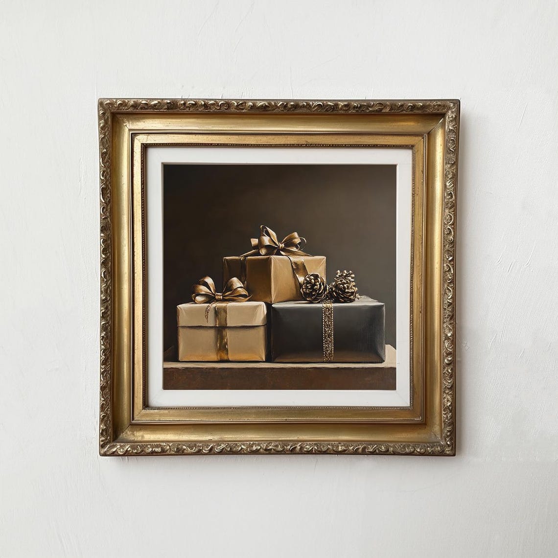 Moody Christmas Gifts Print Dark Presents Oil Painting Christmas Holiday Wall Art Vintage Style Neutral Festive Decor P380 - Image 2