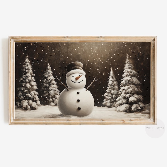 Vintage Snowman Frame Tv Art Snowy Winter Night Landscape Painting Moody Neutral Holiday Tv Art Festive Christmas Decor Tv352